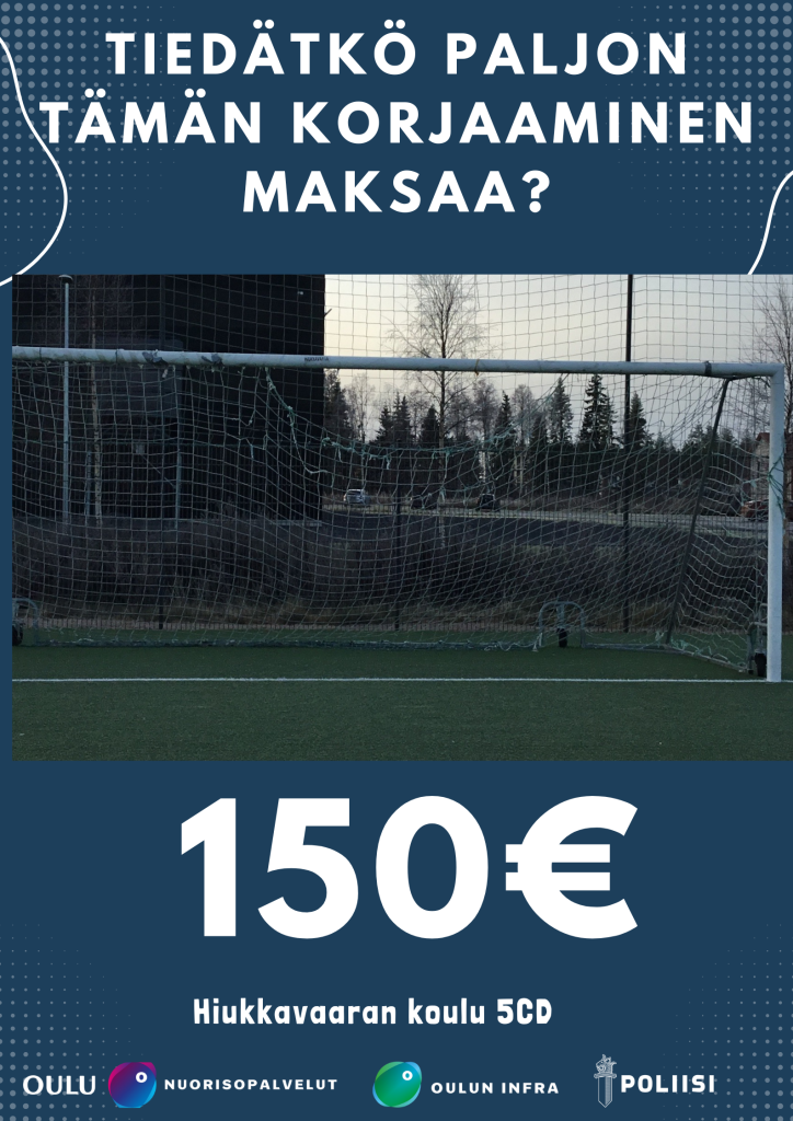 Rikottu jalkapallomaali ja sen arvioitu korjaushinhta 150 euroa